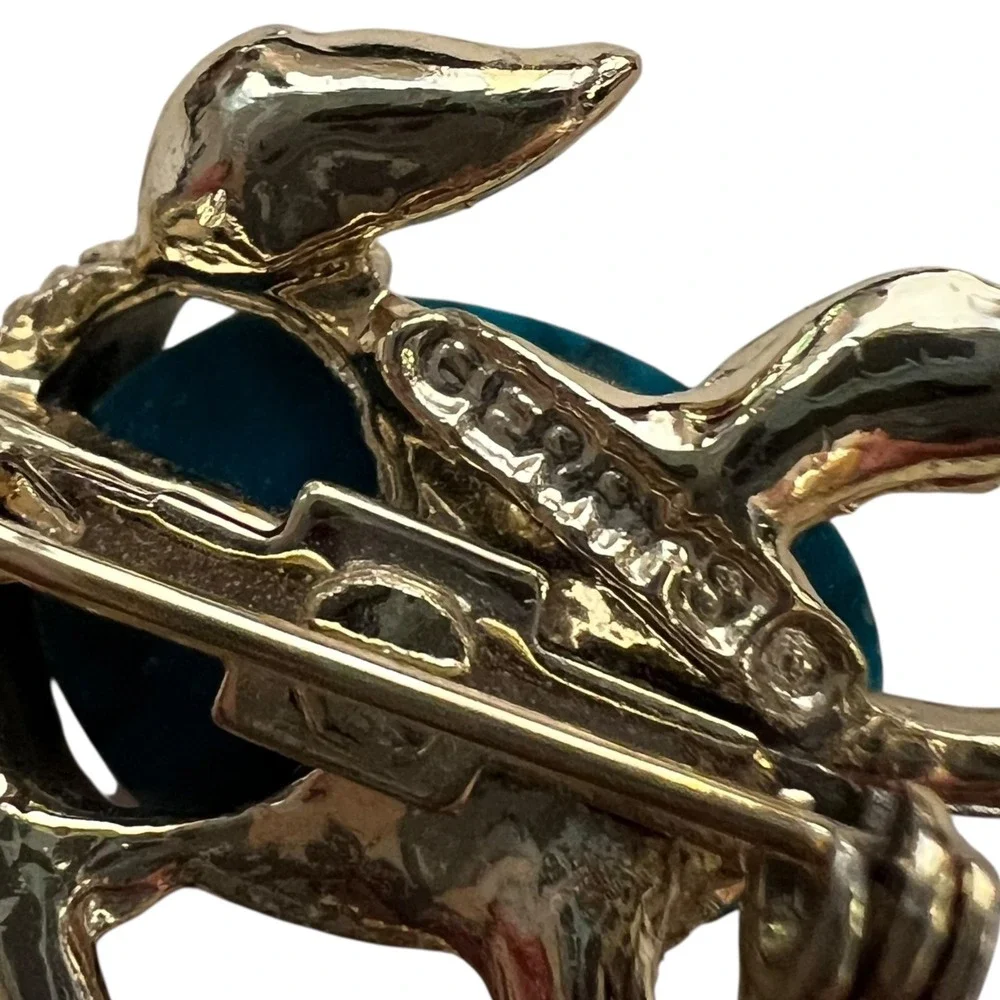 Vintage Gerry's Turtle Brooch‎ Turquoise Cabochon Gold Tone Figural Pin